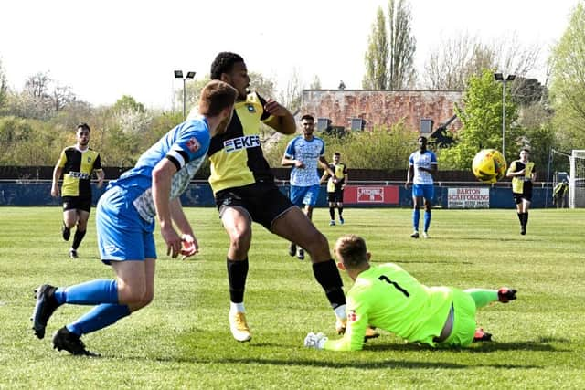 Tyrone Lewthwaite scoring for Aylesbury United against Barton Rovers on Easter Saturday Pictures by Mike Snell