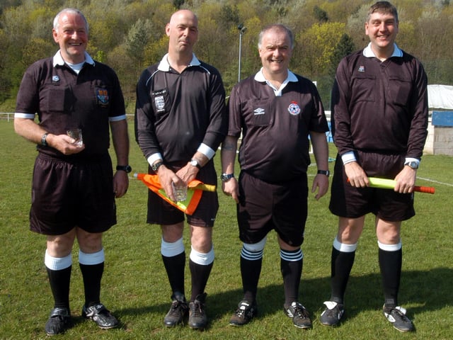 The match officials prepare to take charge of Portland Arms v Forest Town in the 2007 Sunday league cup final.