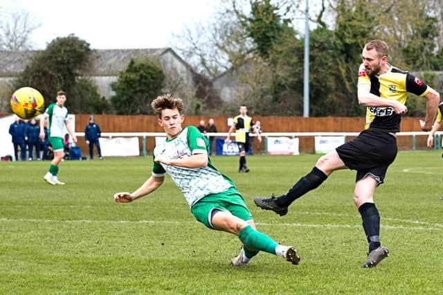 Aylesbury get a shot in against Biggleswade on Saturday. Photo by Mike Snell.