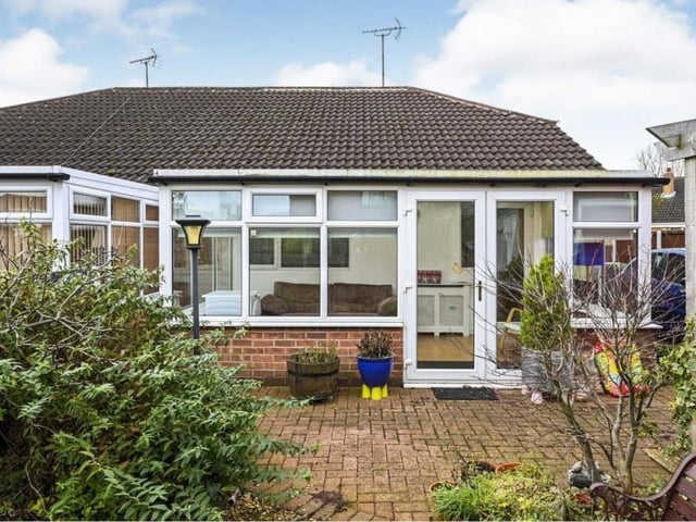 The low-maintenance back garden, which sits behind the conservatory and is full of mature shrubs and plants.