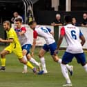 Brackley Town's Callum Stead gets on the ball during the 1-1 draw in the pre-season friendly at AFC Rushden & Diamonds on Tuesday. Picture by Glenn Alcock