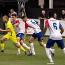 Brackley Town's Callum Stead gets on the ball during the 1-1 draw in the pre-season friendly at AFC Rushden & Diamonds on Tuesday. Picture by Glenn Alcock