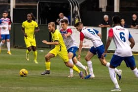 Brackley Town's Callum Stead gets on the ball during the 1-1 draw in the pre-season friendly at AFC Rushden & Diamonds on Tuesday. Picture by Glenn Alcock