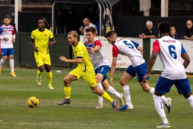 Brackley Town's Callum Stead gets on the ball during the 1-1 draw in the pre-season friendly at AFC Rushden & Diamonds on Tuesday. Picture by Glenn Alcock