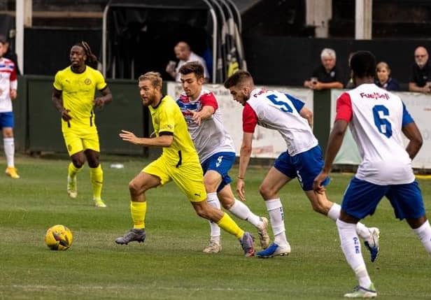 Brackley Town's Callum Stead gets on the ball during the 1-1 draw in the pre-season friendly at AFC Rushden & Diamonds on Tuesday. Picture by Glenn Alcock