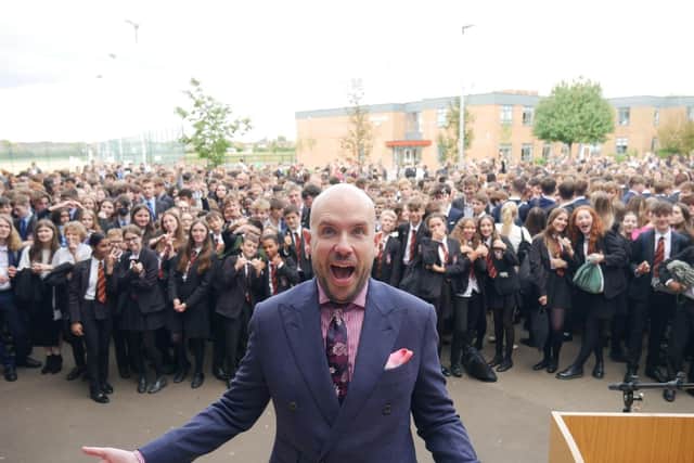 Tom with the pupils of Tring School