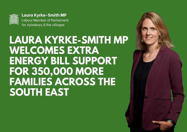 Picture of Laura Kyrke-Smith MP with caption "Laura Kyrke-Smith MP welcomes extra energy bill support for 350,000 more families across the South East"