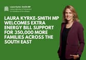 Picture of Laura Kyrke-Smith MP with caption "Laura Kyrke-Smith MP welcomes extra energy bill support for 350,000 more families across the South East"