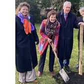 Deputy Lord Lieutenant Carolyn Cumming planting the tree with husband Robert, with president of the Thomas Jefferson Foundation Leslie Greene Bowman, right, and past chair of the University of Buckingham Council Milly Soames, left