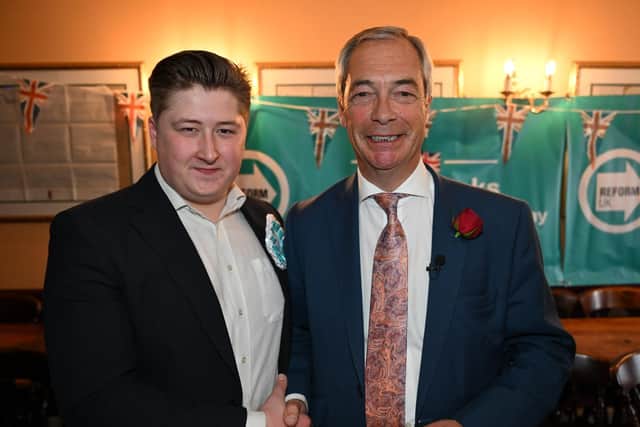 Cameron Anderson, left, who has been selected as Reform UK group leader on Buckinghamshire Council, alongside Reform UK party leader Nigel Farage