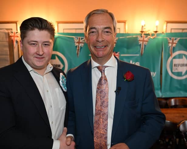 Cameron Anderson, left, who has been selected as Reform UK group leader on Buckinghamshire Council, alongside Reform UK party leader Nigel Farage