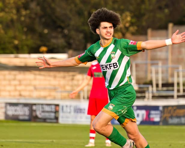 Rocko Tamplin celebrates his first goal on Saturday. Photo: Mike Snell.