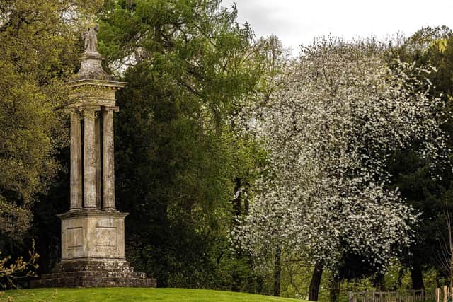 Blossom around Queen Caroline's Monument at Stowe. Picture: David Humphries