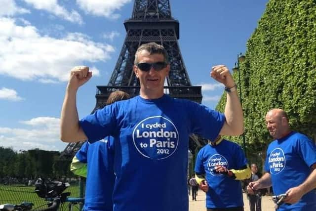 Chris Matthews completing the London to Paris ride in 2012