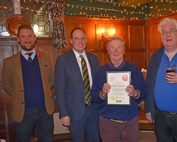 Tom Jenkinson, Chiltern Brewery; Greg Smith MP; Robert Watson (former licensee of Rose and Crown, Saunderton and founding committee member); David Roe (longest- serving local CAMRA chairman of the past 50 years.)