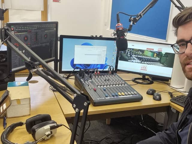 Aron Lewis in the studio at 3Bs Radio