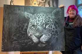 Becky with her fabulous animal art - this leopard took nearly two weeks to draw