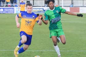 Action from Aylesbury (in green) against Berkhamsted on Monday. Photo: Berkhamsted FC.