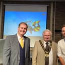 Cllr Douris with Head Colin Parker and Drama Teacher Alex Brown
