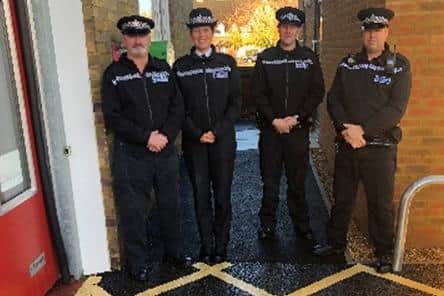 From left: Neighbourhood Inspector Steve Bobbett, LPA Commander for South Bucks Emma Burroughs, Neighbourhood Sergeant Oliver Brixey and PC Rus Hawkins, outside the new office in Princes Risborough.