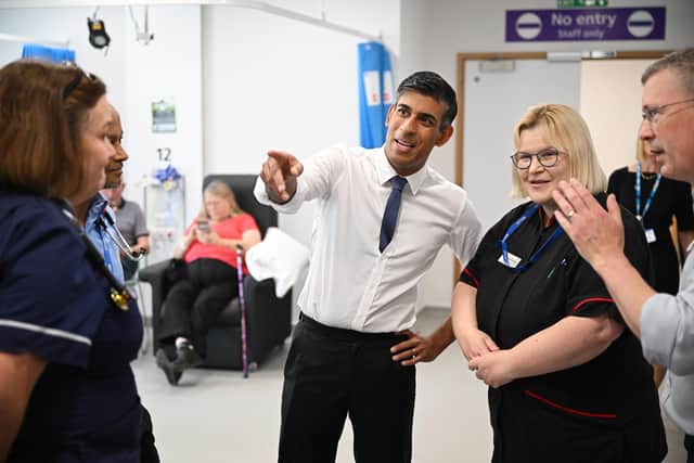 Prime Minister Rishi Sunak speaks to staff and patients during a visit to Milton Keynes Hospital on August 15, 2023 in Milton Keynes, England. (Photo by Leon Neal - WPA Pool/Getty Images)