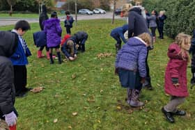 Students from Lace Hill Academy planting bulbs 