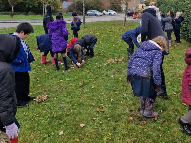 Students from Lace Hill Academy planting bulbs 