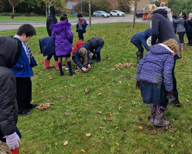 Students from Lace Hill Academy planting bulbs 