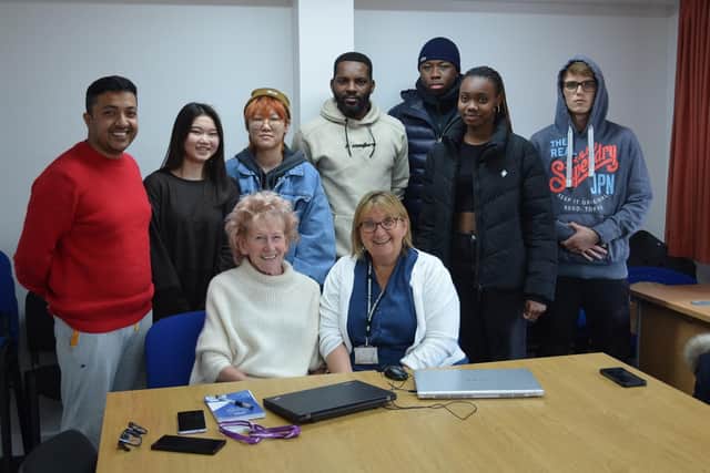 Marilyn Fairclough and Jo Leach with students at the University of Buckingham