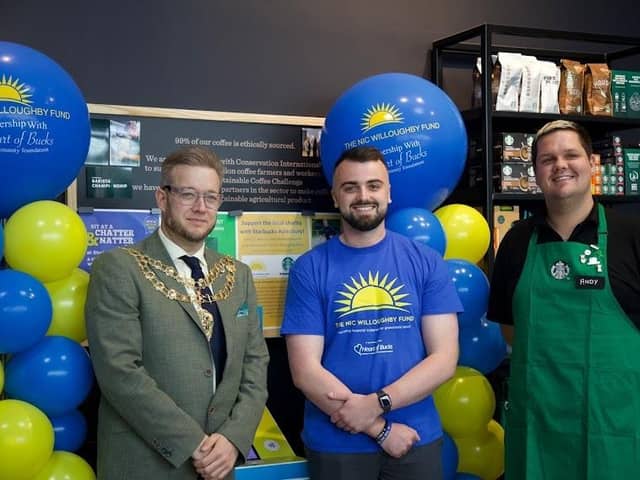 Aylesbury Mayor Councillor Tim Dixon, Nic Willoughby Fund chairman Cam Southgate, and Andrew Garniec Starbucks Aylesbury general manager