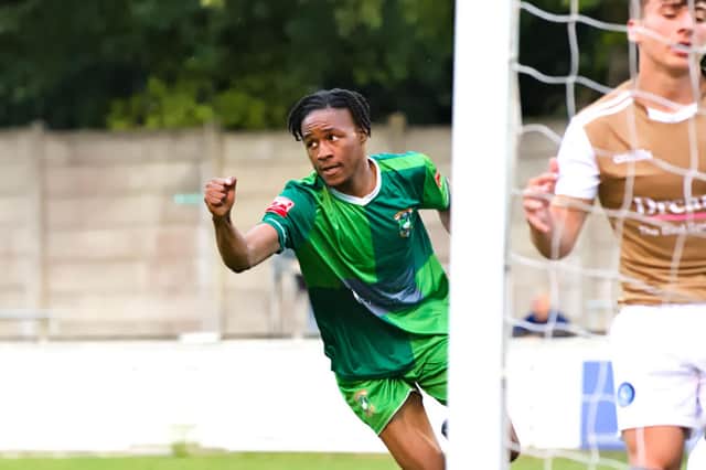 New signing Nasha Mukwada celebrates scoring against Wycombe on Friday. Photo by Mike Snell.