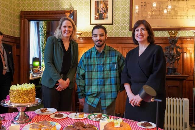 Bake Off star Dylan Bachelet with Aylesbury MP Laura Kyrke-Smith MP (left) and Lucy Powell MP (right)