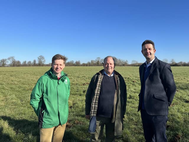 At the site of the new Wing Wood (from L-R) William Tyson, senior surveyor (Forestry England), John Chilver, cabinet member for Accessible Housing and Resources, and Gareth Williams, deputy leader and cabinet member for Climate Change and Environment. Image: Buckinghamshire Council.