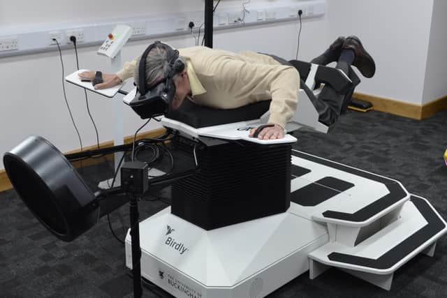 Friends member Chris Fogden has a go on Birdly