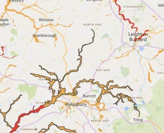 Environment Agency's interactive flood alert map, red represents a flood warning