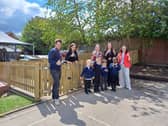 From left to right: Joshua Venn (Vennscapes Ltd), Miss Skillings (Chestnuts Primary School Headteacher), Miss Fenton (Chestnuts Primary School), Miss Watson (Chestnuts Primary School), and Rebecca Vardo (Taylor Wimpey) with Chestnuts Primary School pupils.