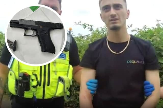 Inset: The gun. Main image: A still from the police bodycam footage of the arrest.