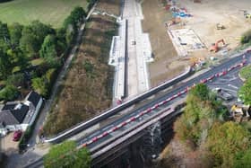 Aerial view of the new station and Buckingham Road bridge works at Winslow, taken last month