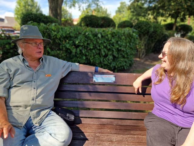 Happy to Chat Bench at Cornwall's Meadow Riverside Walk