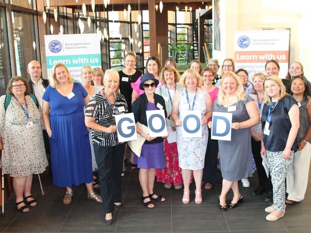 Tutors, management team and support staff from Buckinghamshire Adult Learning celebrating their Ofsted 'Good' rating.