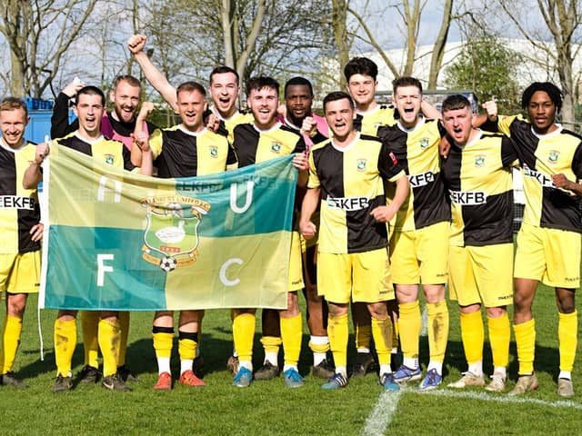 Aylesbury celebrate after their win at Biggleswade on Saturday. Photo by Mike Snell.