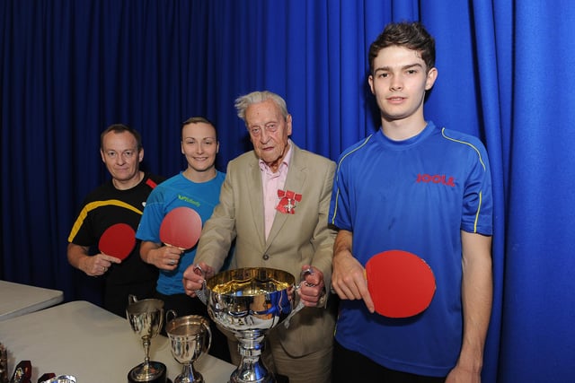 Mansfield Table Tennis League's annual presentation night in 2013. l-r Alan Cook Head Coach, Kelly Sibley 25, Bill Davison Chairman, Sam Walker 18.