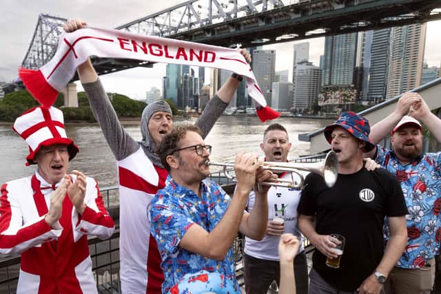 Simon Finch, the Barmy trumpeter, winds up Aussie fans at Queen's Wharf Brisbane with British Banter and trumpet tunes