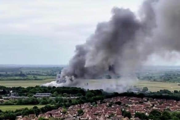 An aerial view of the huge blaze at Bicester Motion on May 15. (Image: Jamie Spencer-Matthews).