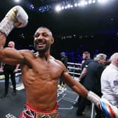 MANCHESTER, ENGLAND - FEBRUARY 19: Kell Brook celebrates victory over Amir Khan during their Welterweight contest at AO Arena in Manchester (Photo by Nigel Roddis/Getty Images)