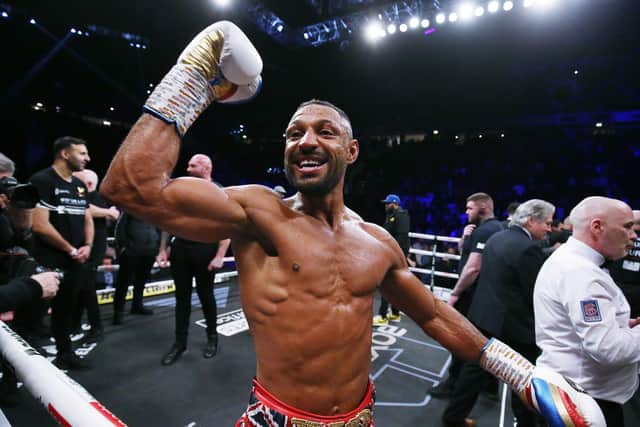 MANCHESTER, ENGLAND - FEBRUARY 19: Kell Brook celebrates victory over Amir Khan during their Welterweight contest at AO Arena in Manchester (Photo by Nigel Roddis/Getty Images)