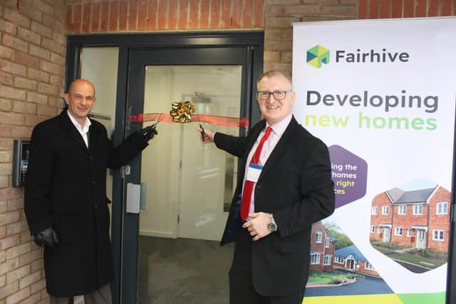 Cutting the ribbon: Fairhive Homes CEO Matthew Applegate, right, and Martin Mellors, CEO of Thame and District Housing Association