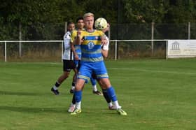 Jake Baldwin takes control for Aylesbury Vale Dynamos at Colney Heath. Photo: AVDFC.