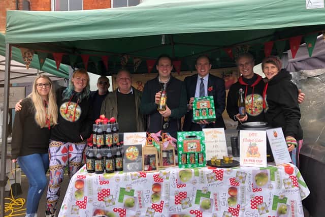 Members of the Rennies Winslow Cider team with MP Greg Smith and local councillors John Chilver and David Goss at Winslow Farmers Market