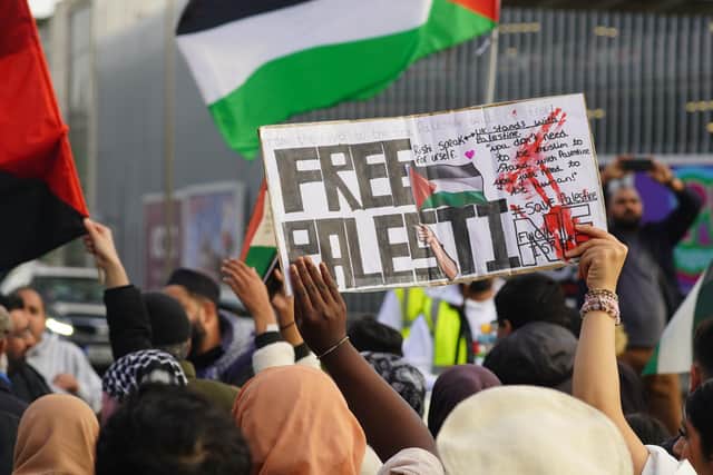 Demonstrators holding 'Free Palestine' signs in Aylesbury, photo from Hamzah Israr @0_100media